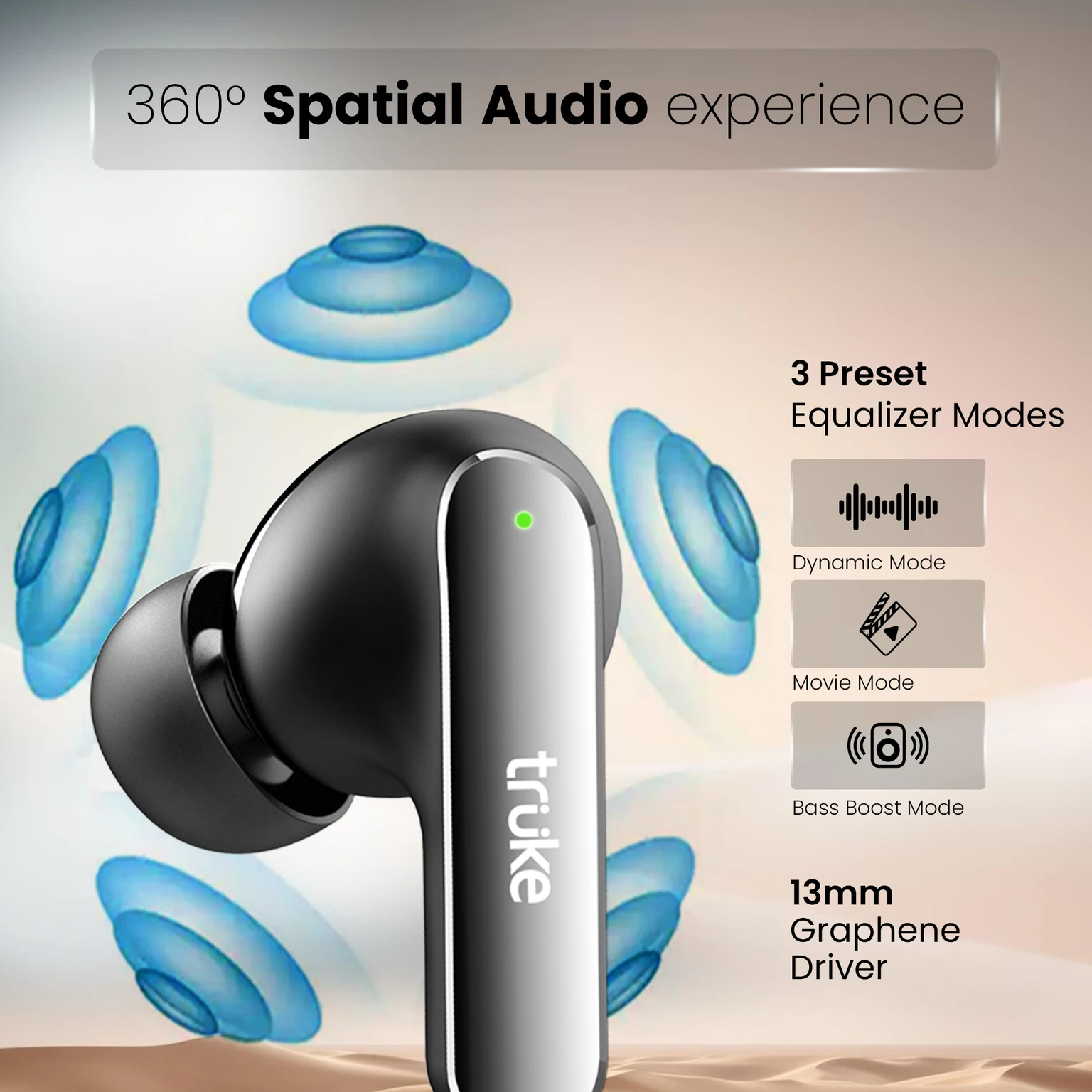 truke Buds F1 Ultra with 60 Hours Playtime, Spatial Audio, 13mm Drivers, Multi-modes Bluetooth Headset (Black, True Wireless) - Image 3
