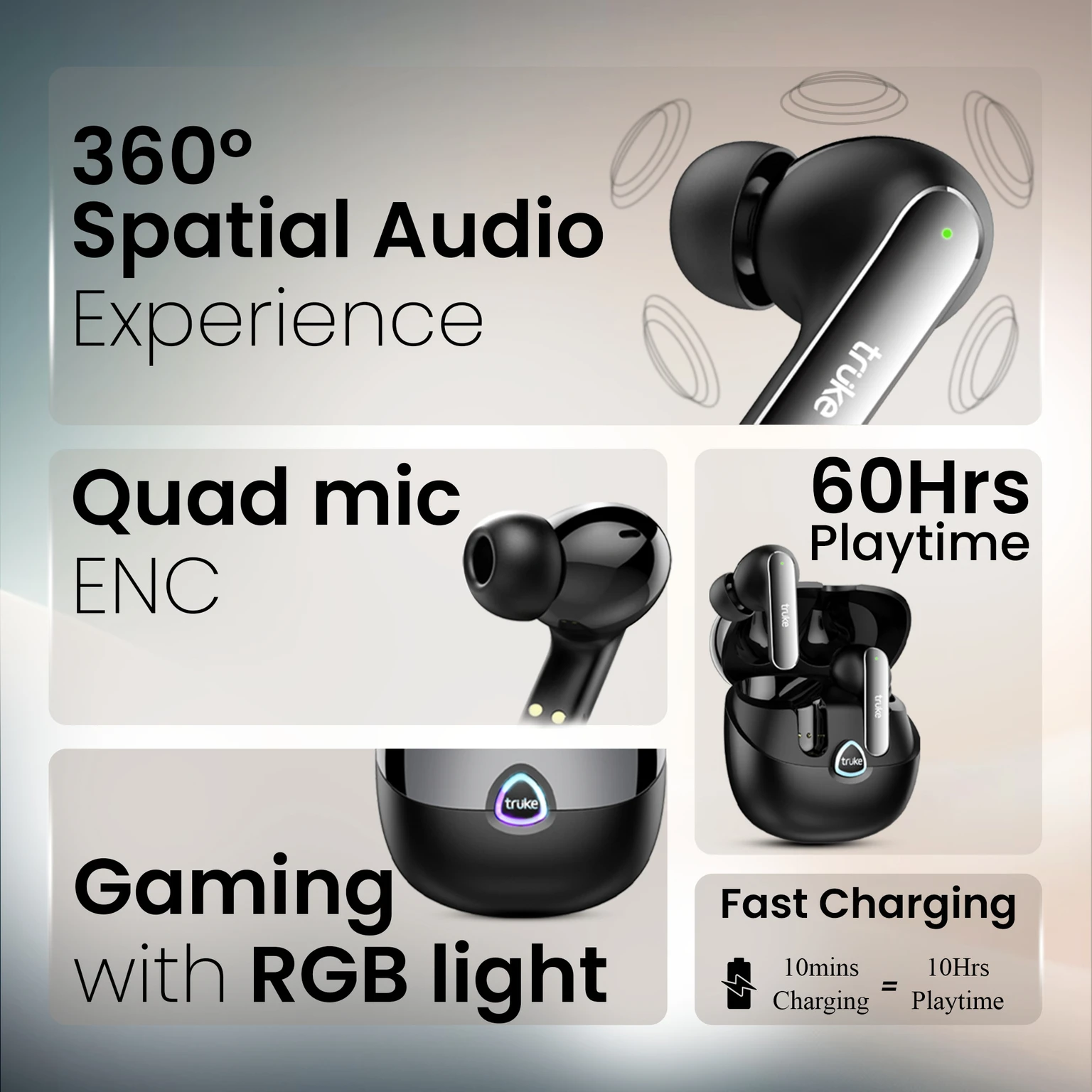 truke Buds F1 Ultra with 60 Hours Playtime, Spatial Audio, 13mm Drivers, Multi-modes Bluetooth Headset (Black, True Wireless) - Image 2